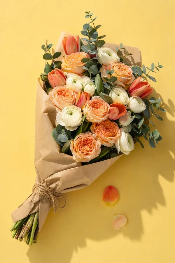 A hand-tied bouquet of peach roses, white ranunculus and coral tulips in kraft paper